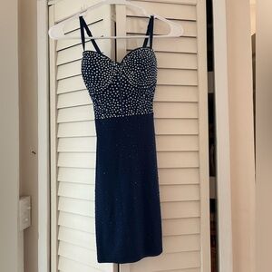 Elegant Navy Blue Polka Dot Dress